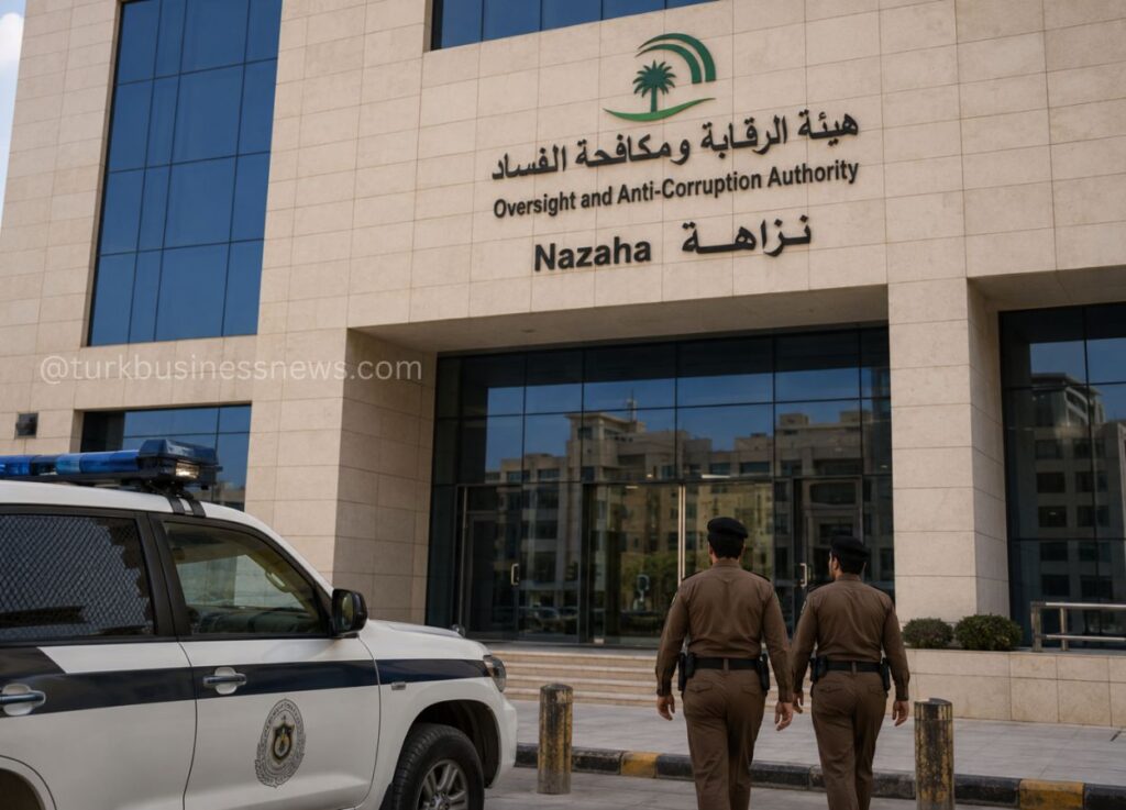 14 - Two uniformed officers walk toward the glass entrance of the Nazaha building (Oversight and Anti-Corruption Authority) with a police SUV parked nearby.