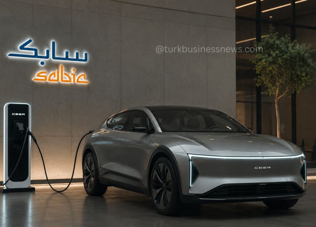 Silver electric car charging at a sleek station in a modern showroom with neon Arabic script on the wall