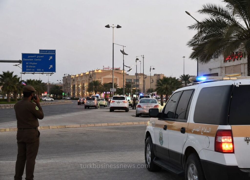 2 - Police SUV with blue lights parked on a wide street; officer on the phone stands nearby as cars drive by under palm trees and a blue directional sign in Arabic/English.