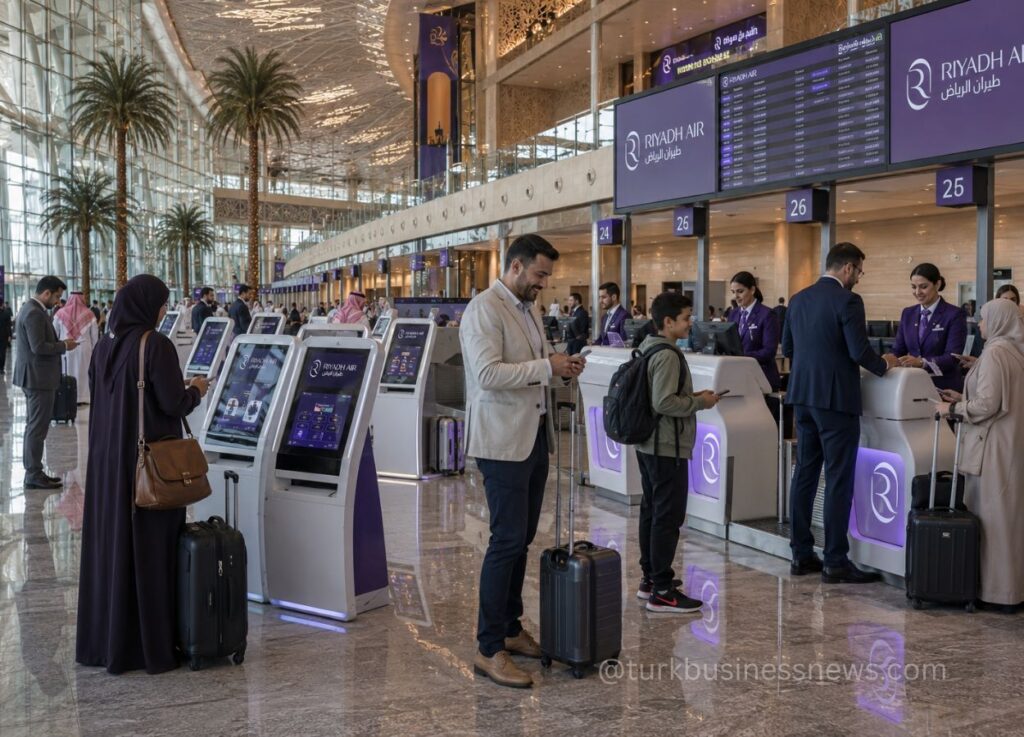 Airport check-in area with Riyadh Air counters, passengers with luggage, and staff assisting passengers in a modern terminal.
