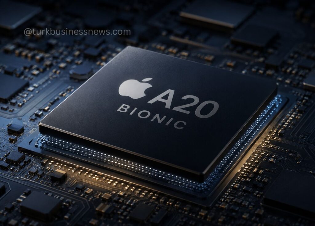 Close-up of an Apple A20 Bionic processor chip on a blue circuit board, with the Apple logo visible against dark circuitry.