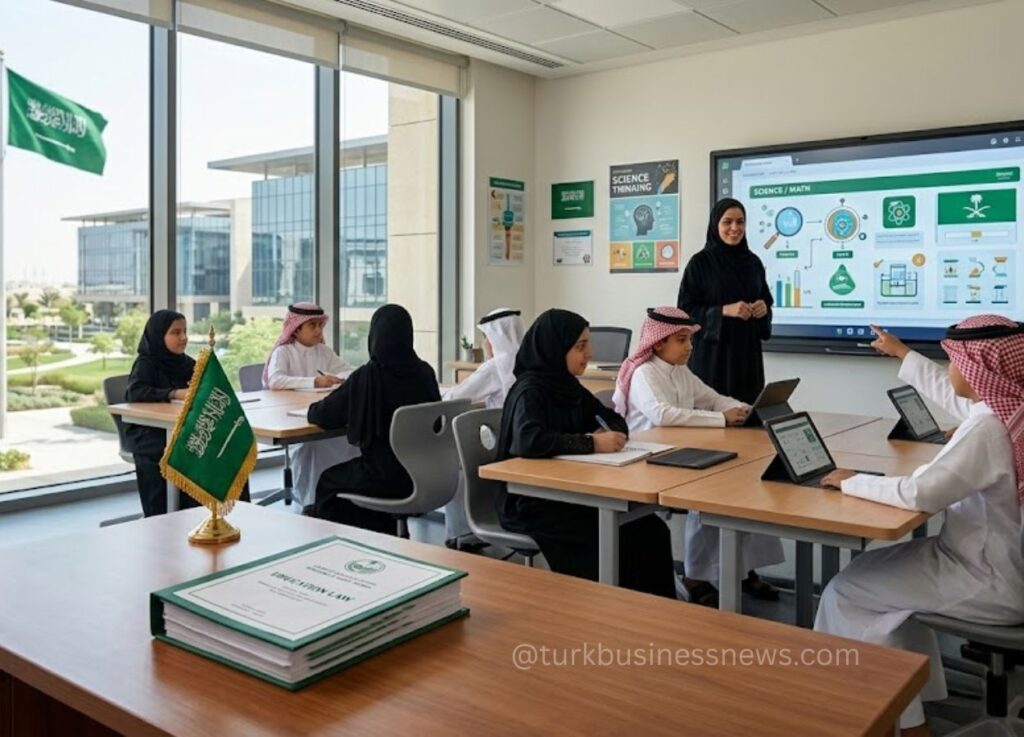 26 - Teacher in a black abaya explains science to students in a bright classroom with a large interactive screen showing diagrams.
