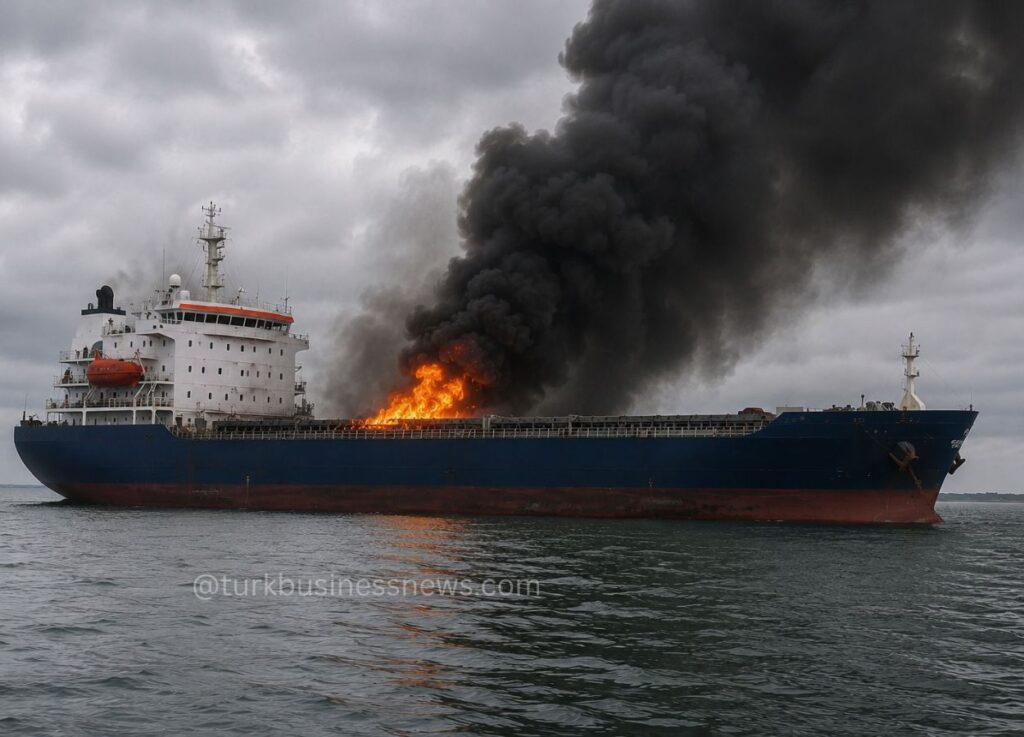 Large blue cargo ship on the water with a fierce fire in its midsection and thick black smoke pouring upward amid gray clouds.