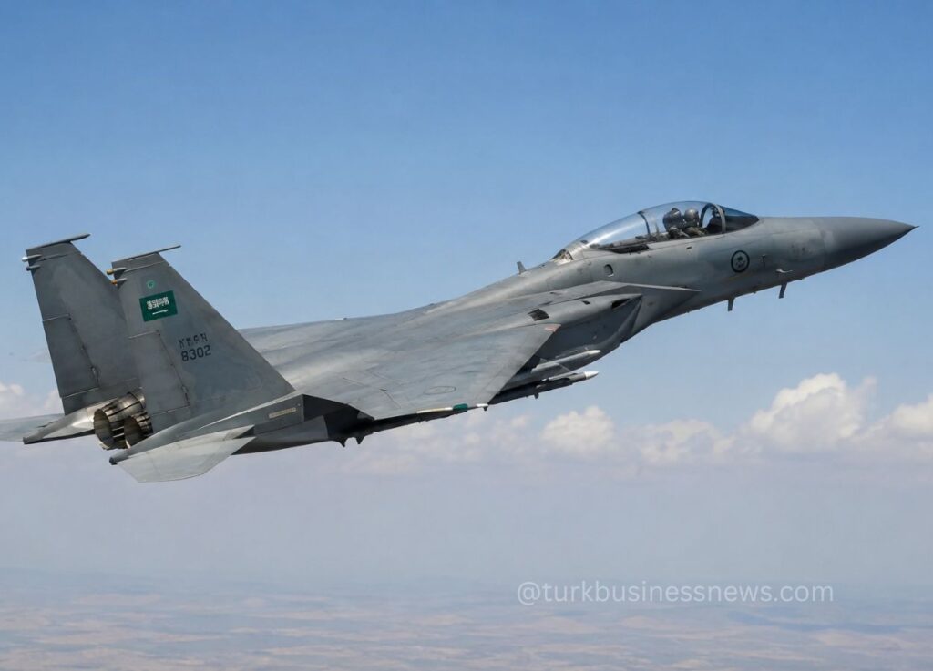 30 - Two-seat military fighter jet in level flight against a clear blue sky, gray camouflage with rear exhausts visible from behind the cockpit area.