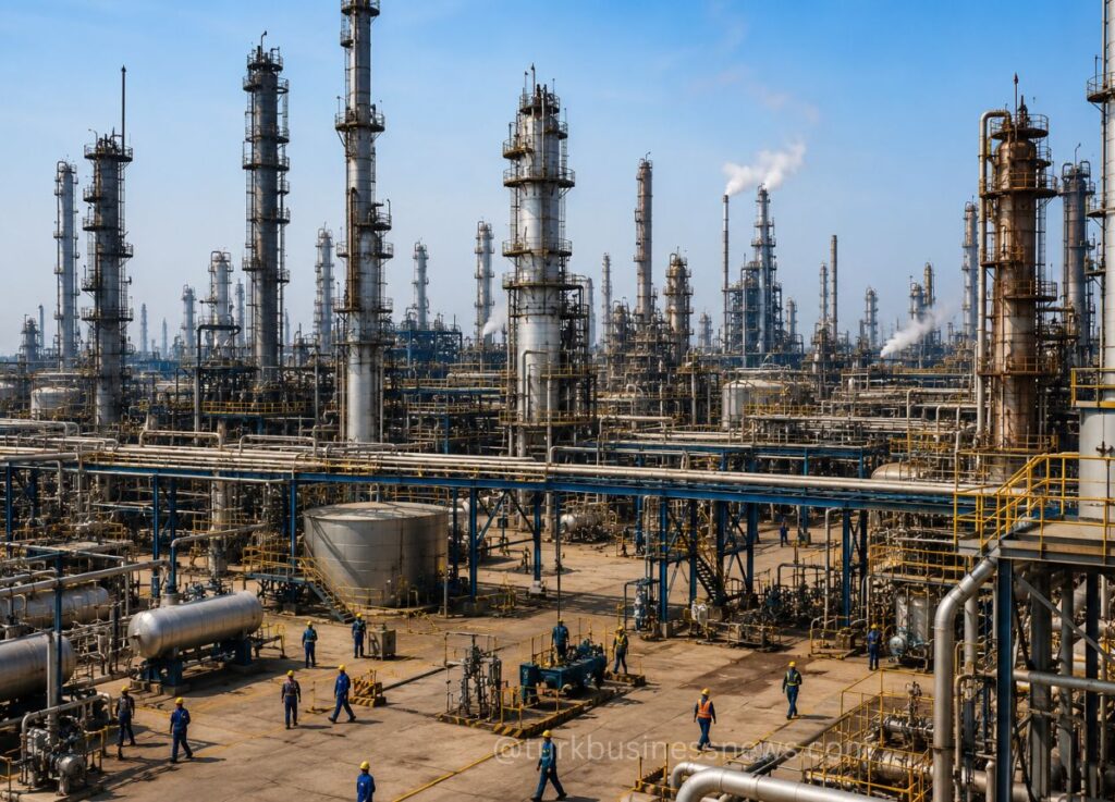 31 - Industrial refinery scene with tall distillation columns, pipes, and steam vents under a blue sky; workers in hard hats scattered across the yard.