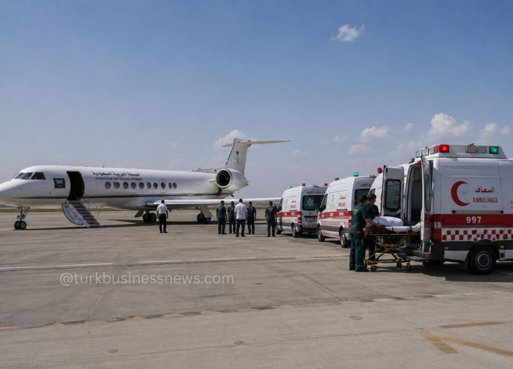 White jet on the tarmac with multiple ambulances and paramedics transferring a patient from a stretcher to an ambulance on a sunny day.