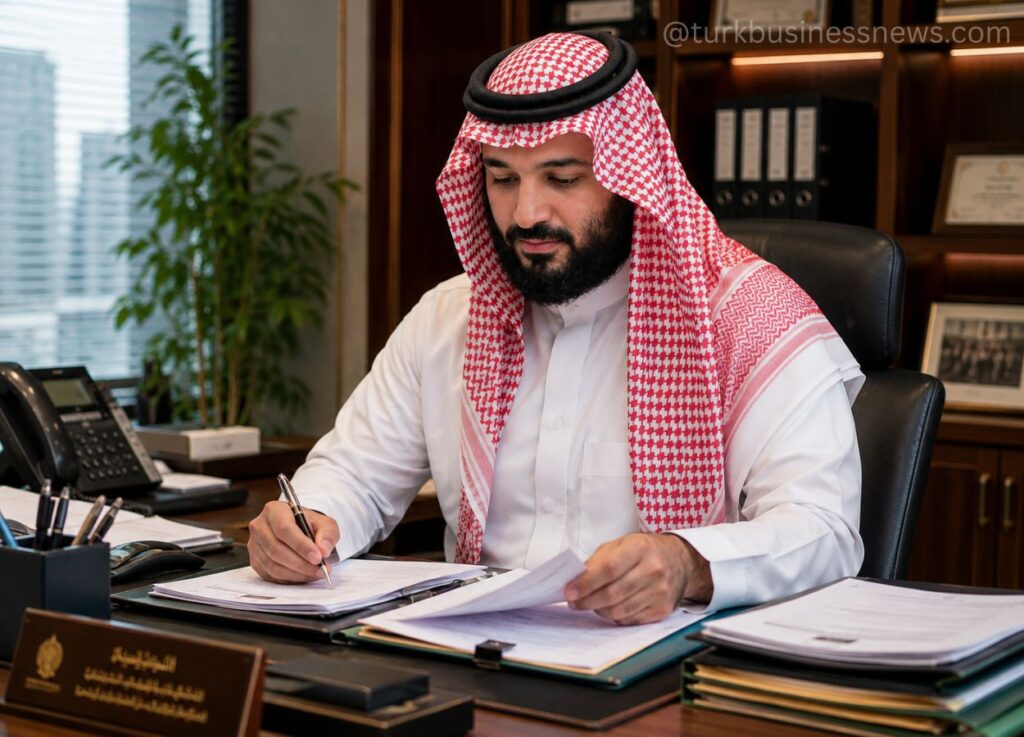 45 - Businessman in a white thobe and red-and-white keffiyeh signs documents at a wooden desk in a modern office.