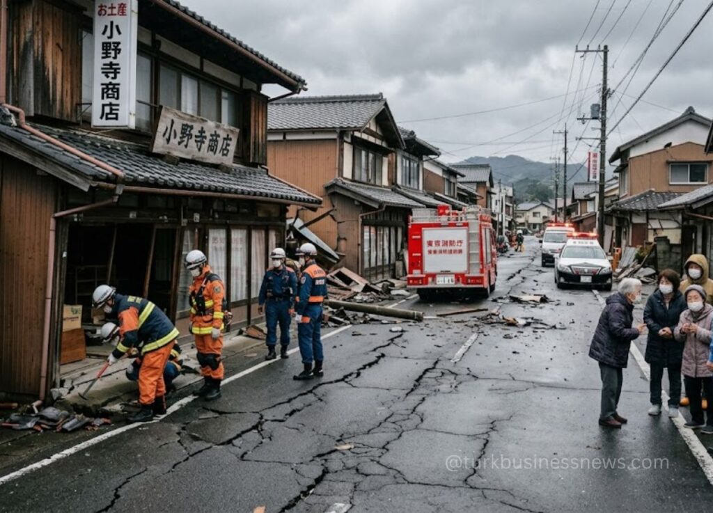 48 - Emergency responders in orange uniforms and helmets sweeping debris from a cracked street next to a traditional wooden storefront after a quake, with a red fire truck in the background and concerned pedestrians nearby.