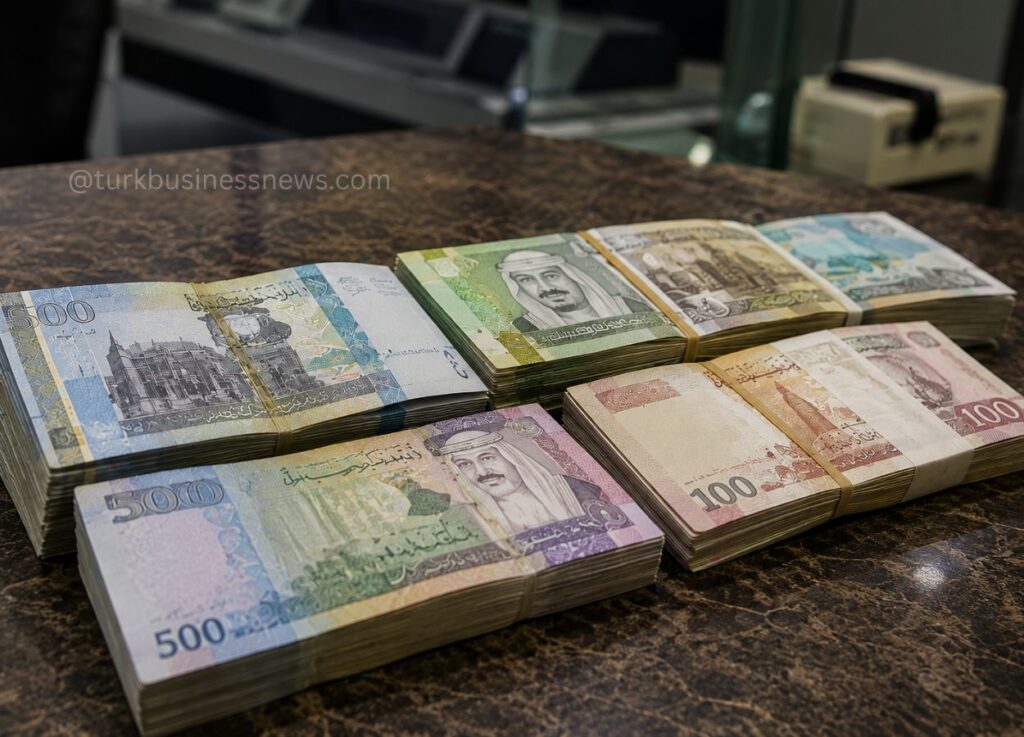 50 - Stacks of colorful banknotes arranged on a counter, including 500 and 100 denominations.