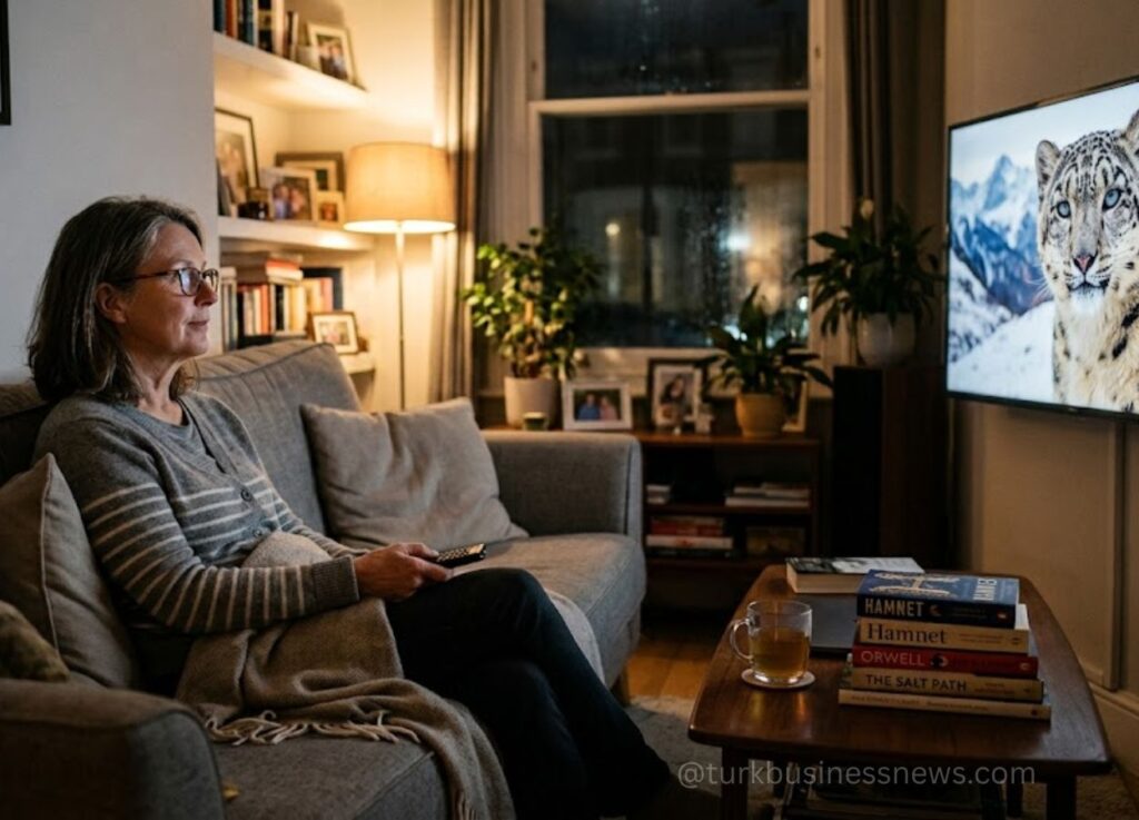 51 - Older woman sits on a gray couch at home, holding a remote while a tiger appears on the large TV screen in a cozy living room.