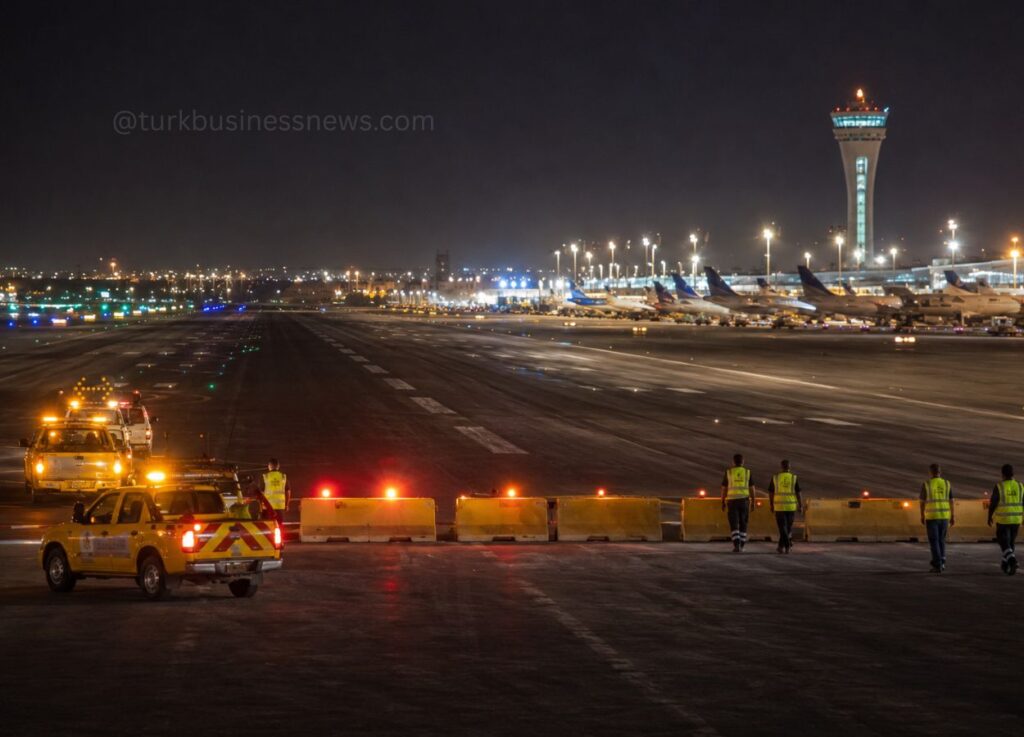 53 - Nighttime airport scene: ground crew in reflective vests near barriers along a taxiway with parked planes and a distant control tower at night.