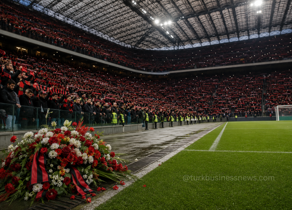 59 - Memorial bouquet of red and white flowers on the sideline as thousands in red and black fill the stadium in tribute.
