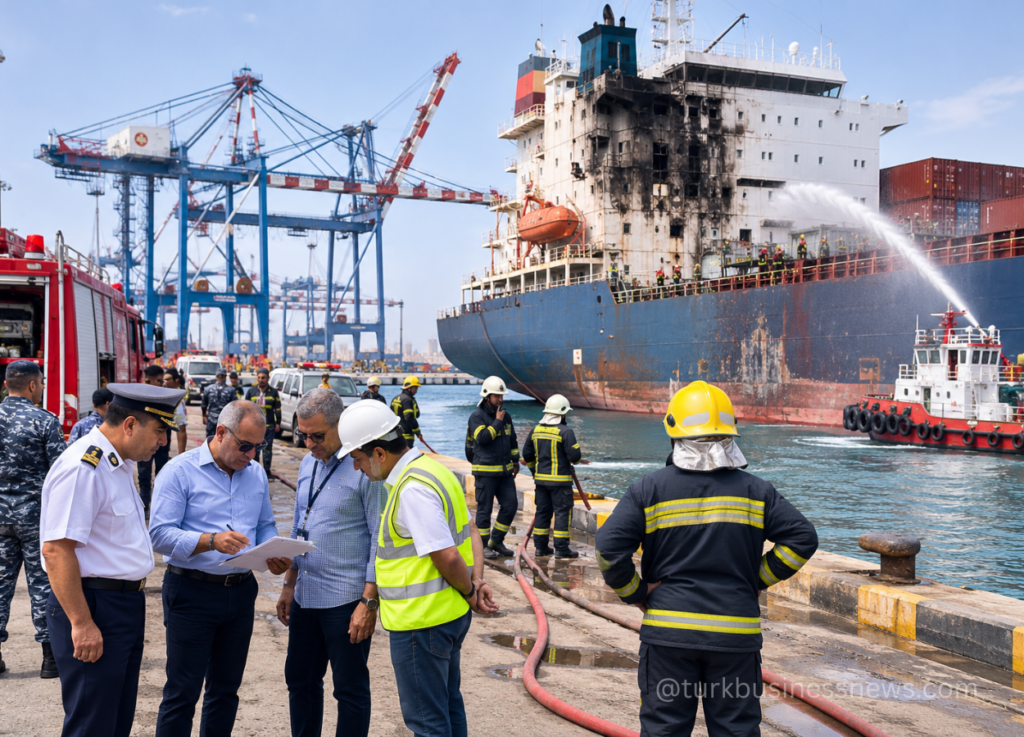 60 - Large cargo ship with blackened hull undergoing firefighting at a busy port; firefighters spray water from a fireboat while officials in hard hats review documents nearby, with cranes and shipping containers in the background.