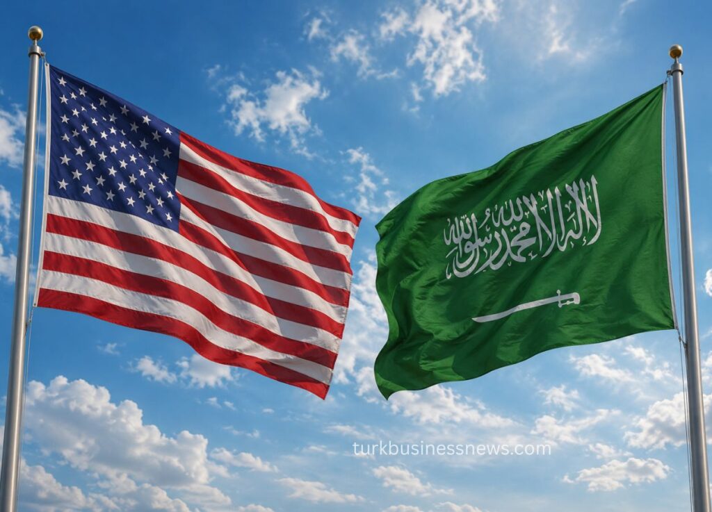 7 - Two national flags, the United States and Saudi Arabia, fly side by side on flagpoles against a blue sky.