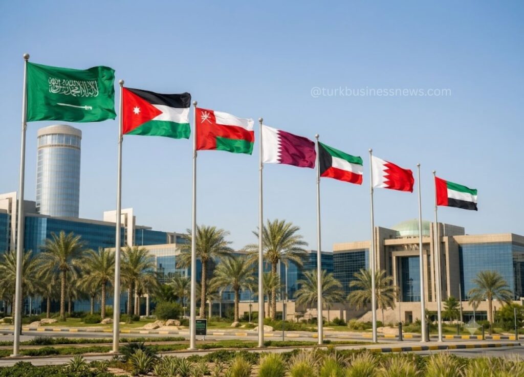 Row of colorful national flags on tall poles in front of a modern building with palm trees and a clear blue sky behind them.