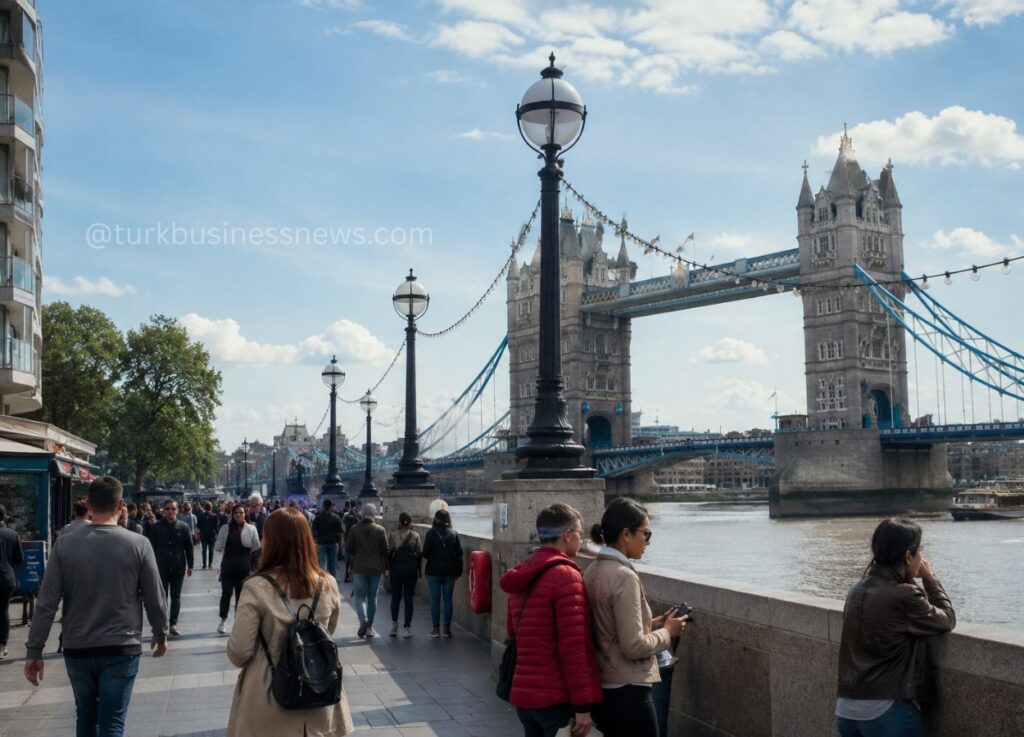 UAE - Pedestrians walking along the Thames promenade with Tower Bridge in the background on a sunny day.