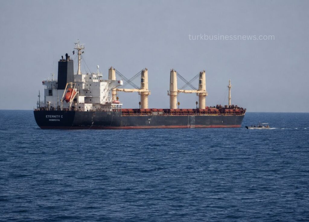 vessel - Bulk carrier Eternity C sailing on calm blue sea with a small tugboat nearby, Monrovia flag visible on the hull