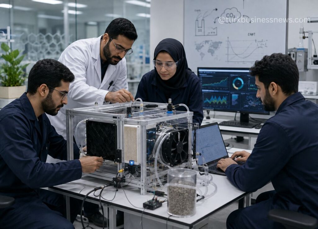 102 - Four scientists in a lab assemble a transparent modular apparatus with tubing and a cooling fan at a workbench, monitors in the background reveal data.