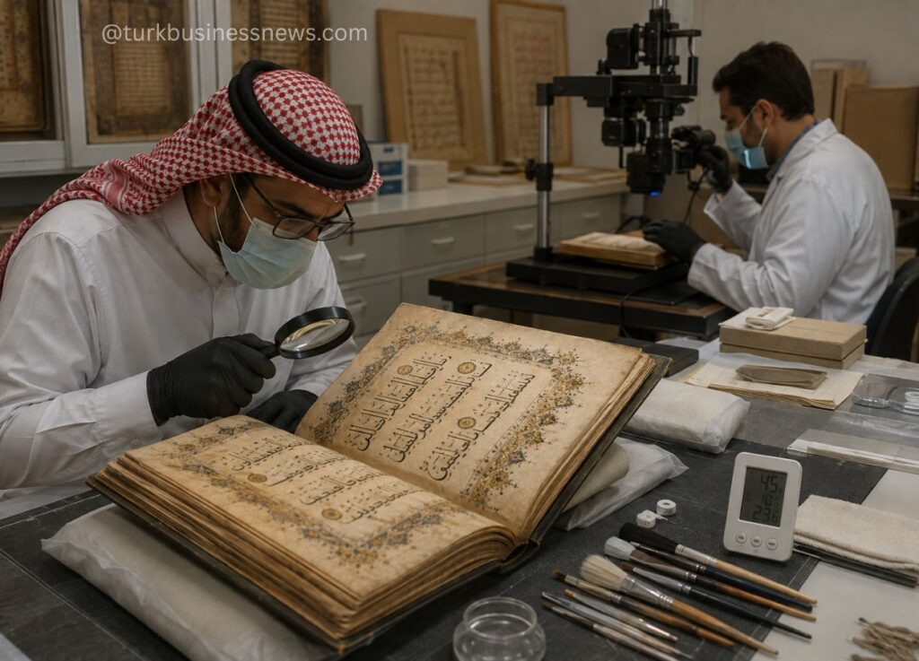 105 - Two researchers in a restoration lab, wearing masks and gloves, examine an open ancient manuscript with a magnifying glass.