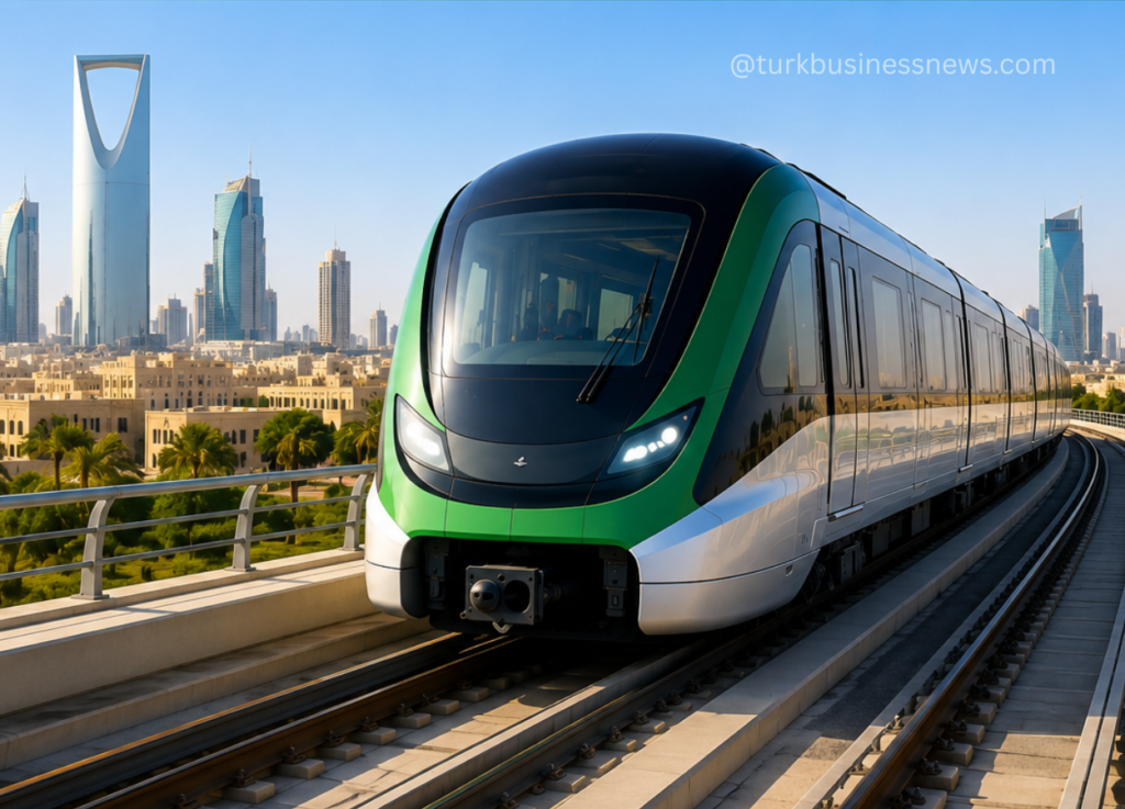 Modern green and white metro train on an elevated track with a city skyline in the background.