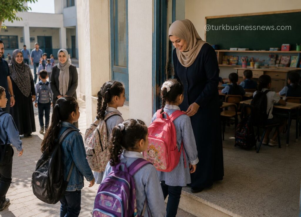 110 - Teacher in a hijab greets students at the classroom door as they arrive with backpacks.