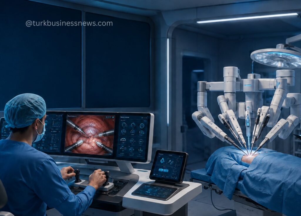 Surgeon in blue scrubs at a robotic surgery console, monitoring screens while robotic arms operate on a patient beyond the draped operating table.