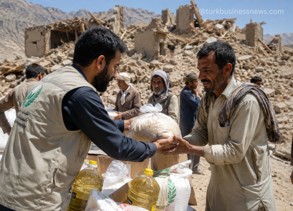 114 - Aid worker hands a bag of grain to a man amidst rubble and packed aid supplies in a desert town scene