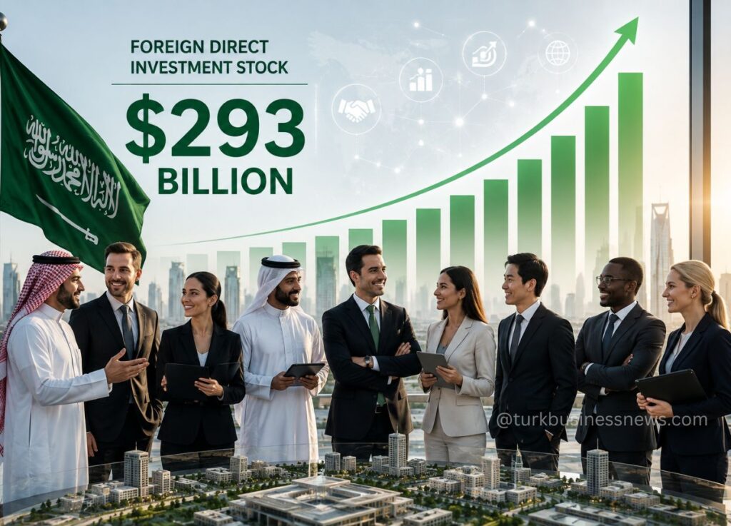 118 - Business professionals stand around a city model with a large green investment graph and Saudi flag, highlighting 3 billion investment.
