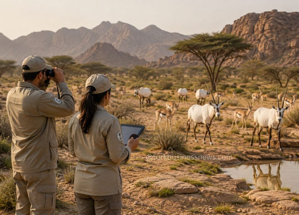 120 - Two wildlife researchers in khaki uniforms scan the desert herd with binoculars near a waterhole and rugged mountains in the background (or x).