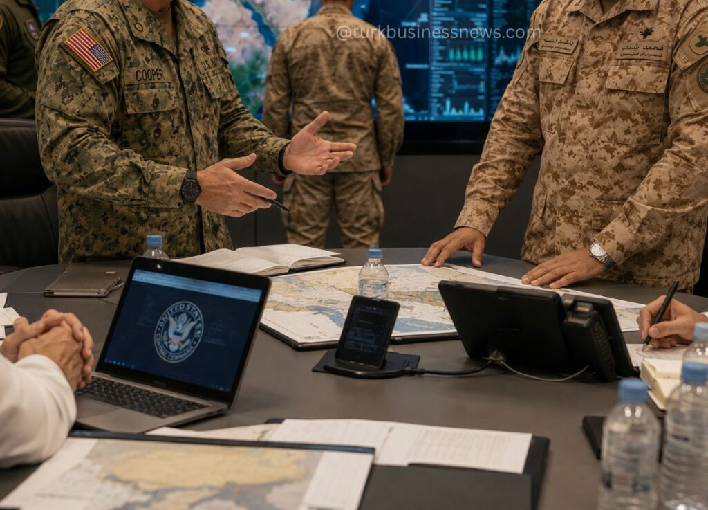 121 - Military officers in camouflage uniforms discuss a map at a conference table with laptops and phones visible, signaling a briefing or planning session.