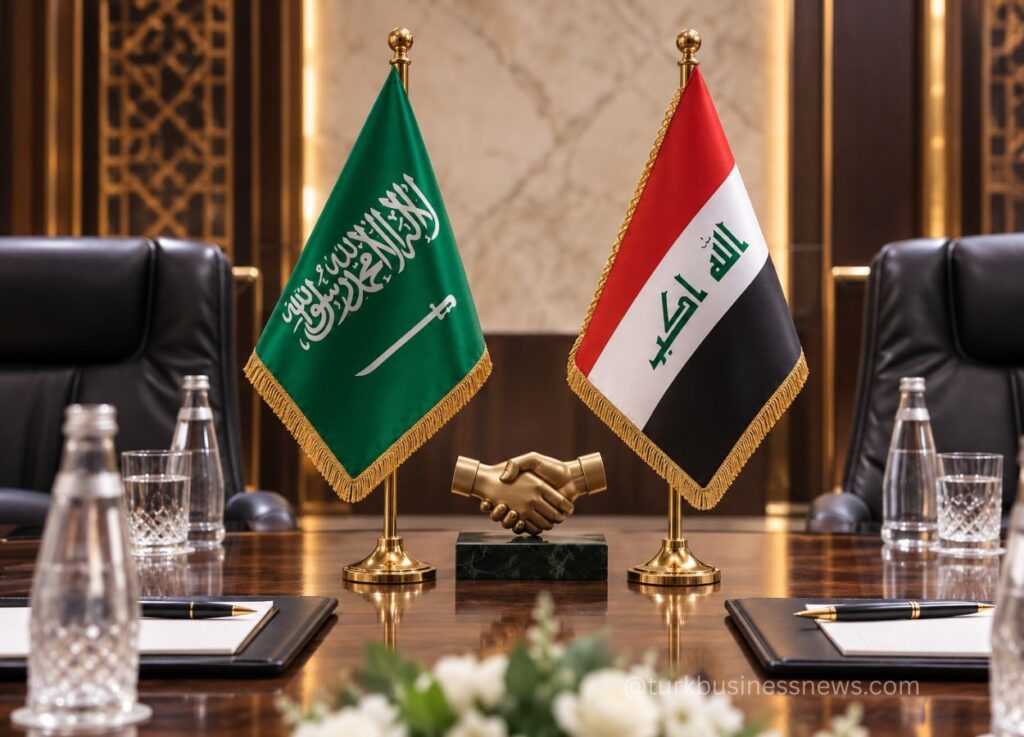 123 - Saudi and Iraqi flags flank a golden handshake sculpture on a polished conference table with water bottles and notepads nearby, signaling diplomatic talks.