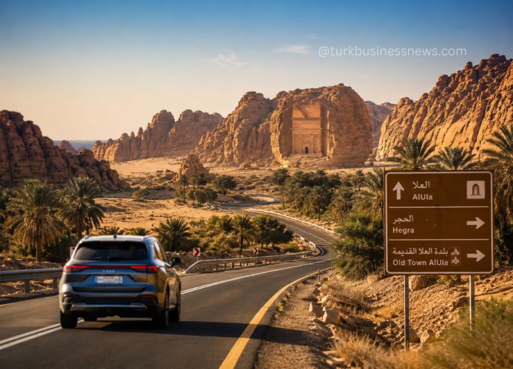 126 - Car driving on a winding desert road toward towering rock formations near AlUla, with a brown sign listing AlUla, Hegr(a), and Old Town AlUla in Arabic and English.