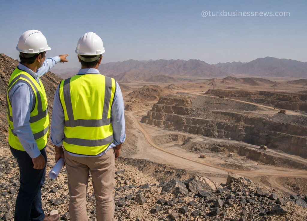 129 - Two construction workers in hard hats and neon vests stand on a rocky ledge, pointing toward an expansive desert open-pit mine in the distance.