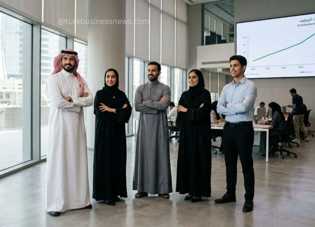 134 - Five professionals posing in a modern office, arms crossed, with a large line chart on screen in the background.