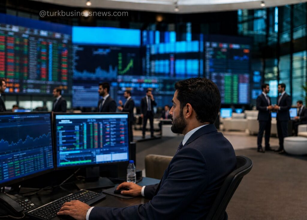 137 - Trader in a suit sits at a desk with multiple stock monitors displaying graphs and quotes in a busy trading floor.