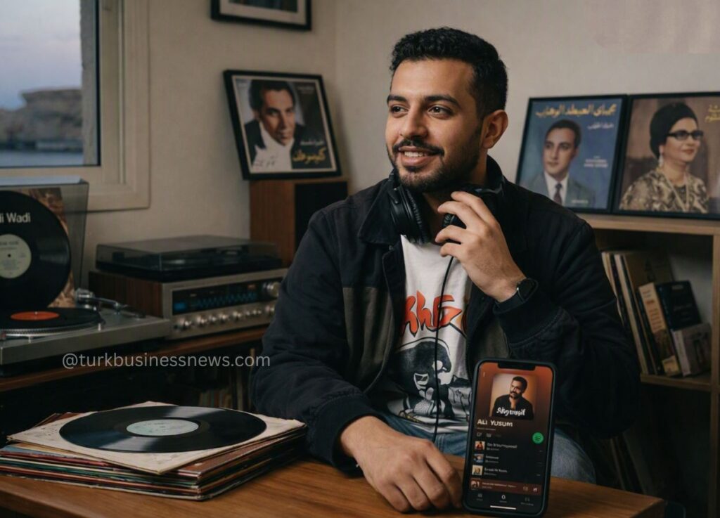 141 - A man wearing headphones sits at a desk with vinyl records and a phone showing a Spotify profile, in a cozy room with framed photos on the wall.