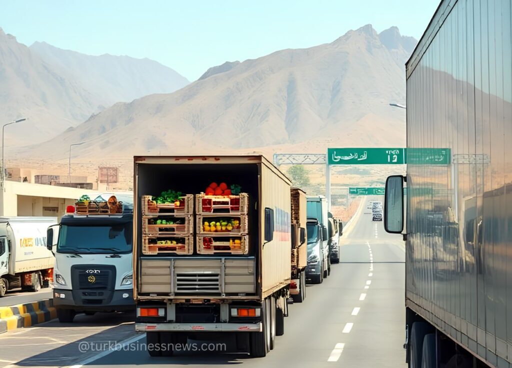 144 - Line of trucks on a highway with crates of vegetables stacked in the trailer behind them.