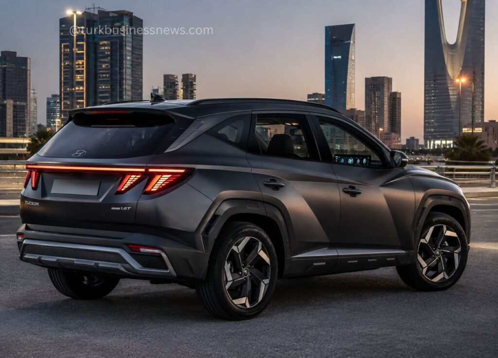 146 - Rear three-quarter view of a gray Hyundai Tucson SUV on a city street at dusk with skyscrapers in the background. The taillights are illuminated.