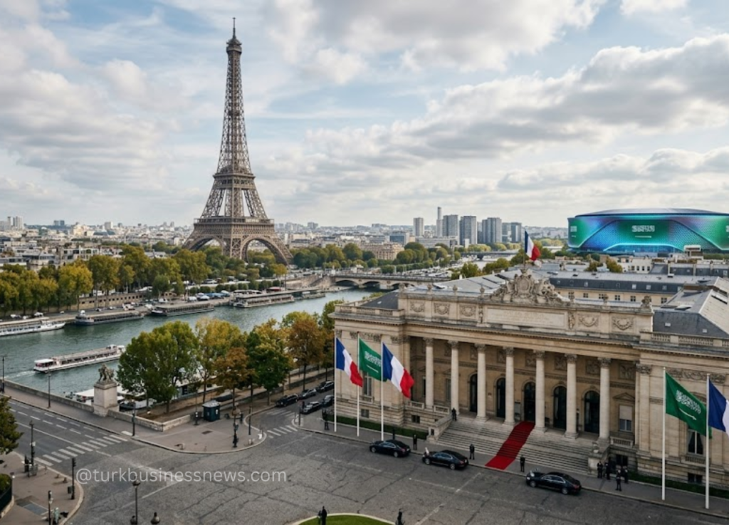 147 - Paris cityscape featuring the Eiffel Tower along the Seine with a grand neoclassical building in the foreground and flags at the entrance.