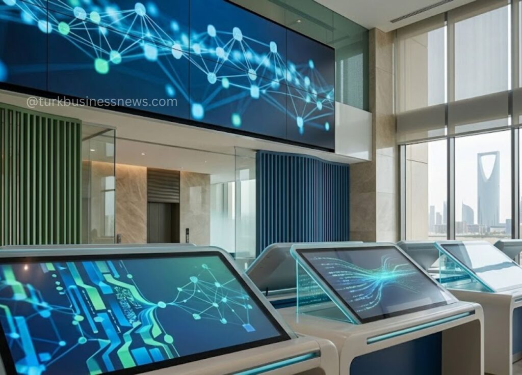 149 - Futuristic control center with several touchscreen kiosks displaying abstract blue network graphics inside a modern building. External city skyline visible through large windows.