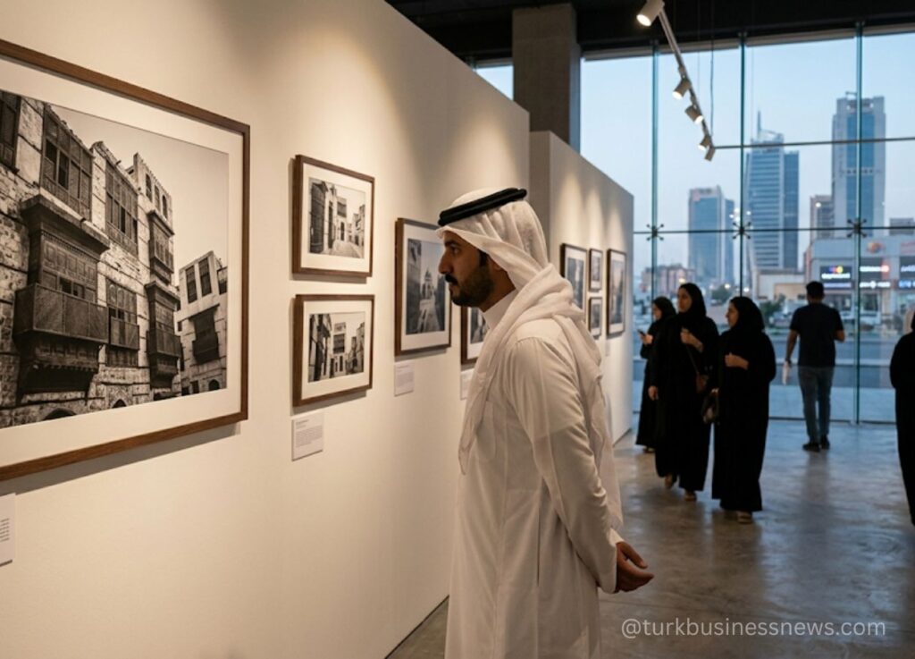 152 - Man in a white kandura studies black-and-white photos in a gallery, with a city skyline visible through glass walls behind him.