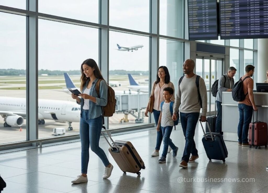 154 - Family of four walking through a bright airport terminal with rolling suitcases and a plane outside the window at gate area.
