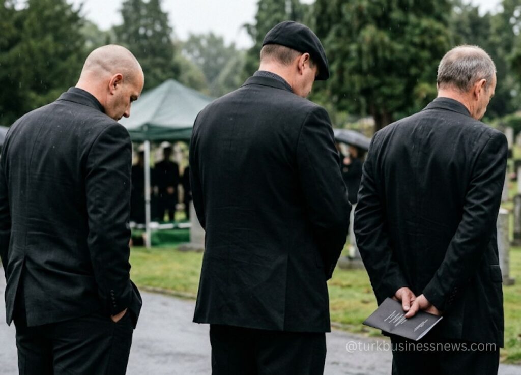 158 - Three men in black suits stand with backs to camera at a cemetery, holding programs during a funeral.