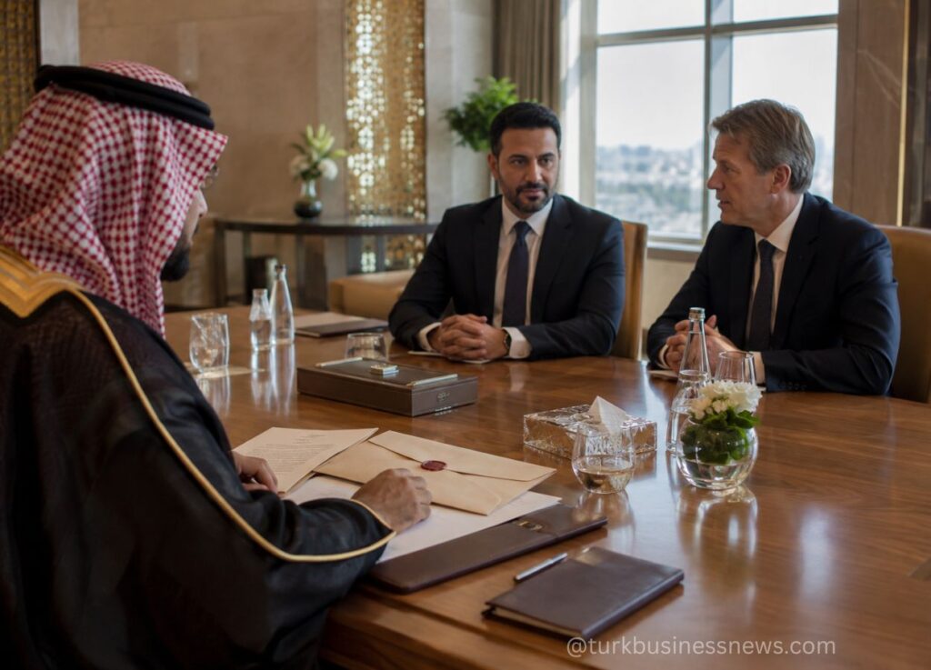 159 - Three men in a formal meeting around a large wooden table, one in traditional Middle Eastern attire and two in suits, discussing documents.
