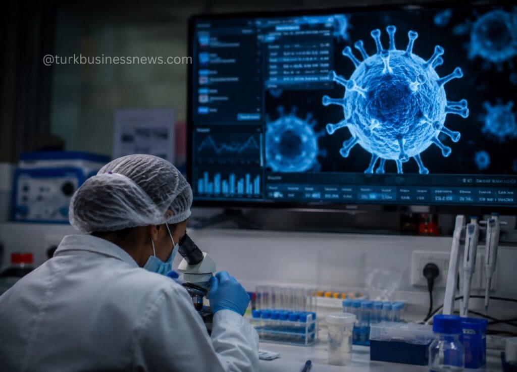 162 - Laboratory scientist wearing PPE examines samples through a microscope, with a blue virus image on the monitor behind.