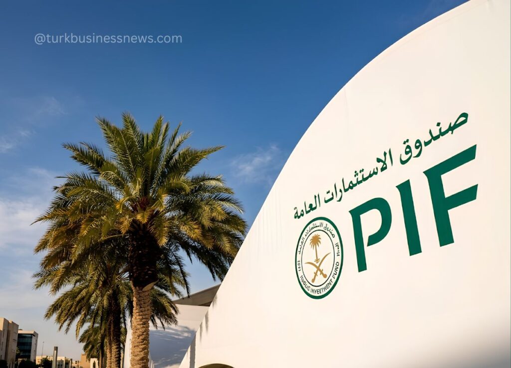163 - Outdoor scene with a curved white wall displaying the Arabic text صندوق الاستثمارات العامة and large green letters 'PIF', a circular logo, palm trees, and a blue sky behind.