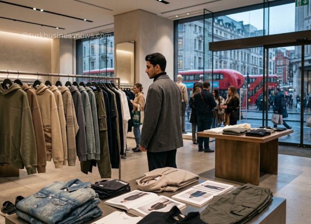 Man browsing a clothing rack inside a store with coats, while city street and red bus visible through large windows outside.