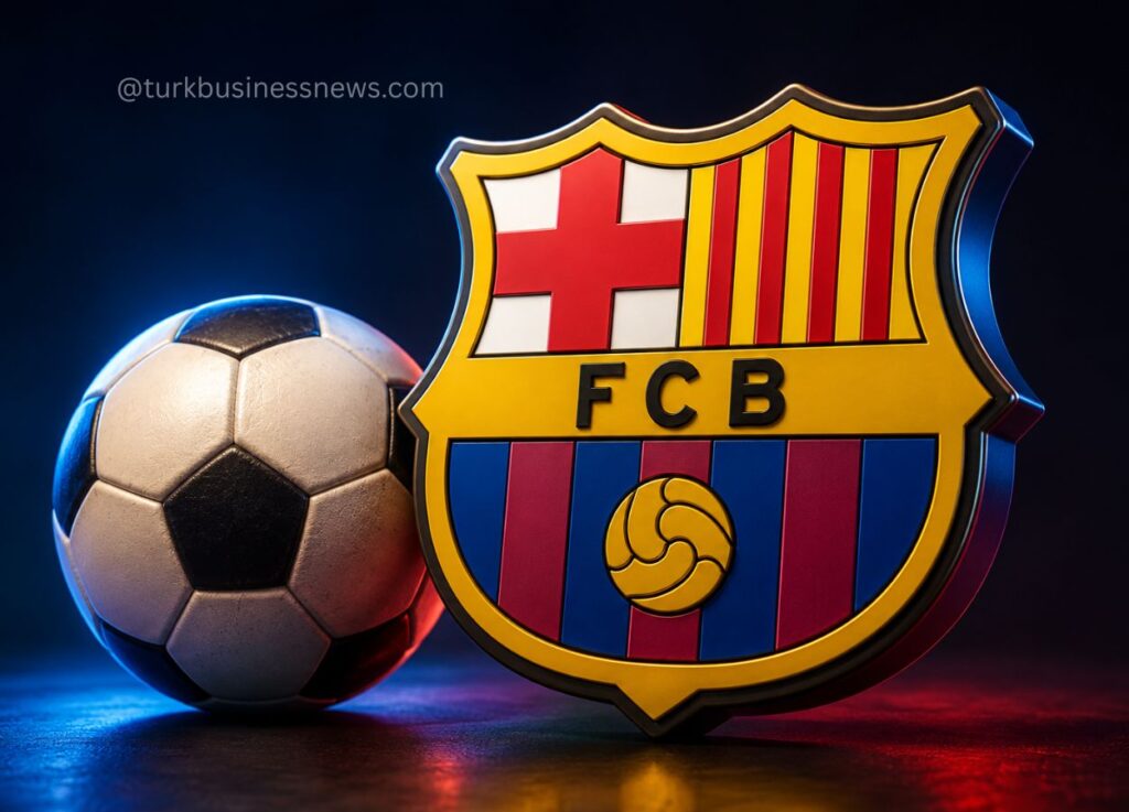 FC Barcelona crest beside a soccer ball, symbolizing football branding and team identity