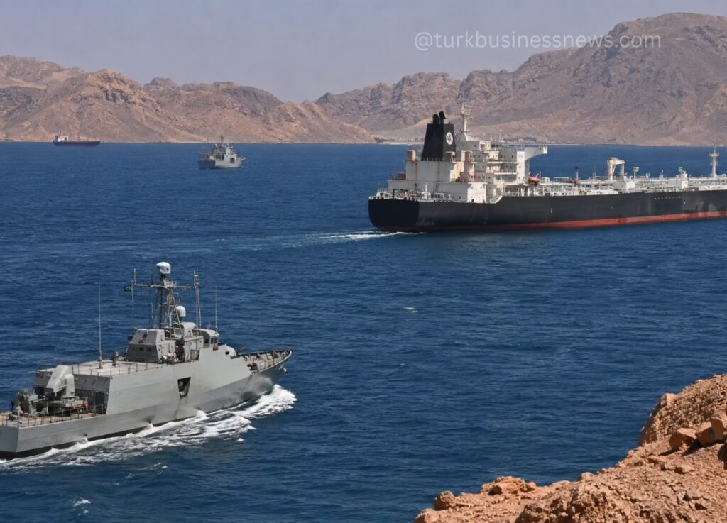 44 - Two gray military vessels sail in calm blue sea near rocky desert coastline; a large cargo ship is ahead to the right.