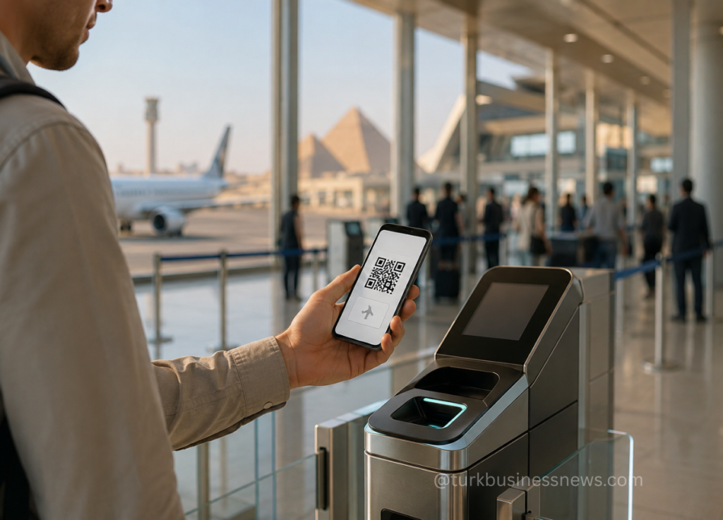 65 - Man at an airport using a smartphone with a QR code, near a self-checkin/scan gate.